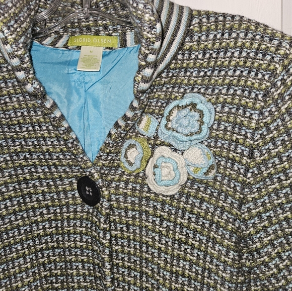 Y2K Sigrid Olsen Green and BlueHerringbone Knit coat with Crochet flowers - Picture 6 of 6